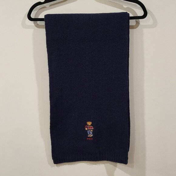 Polo Ralph Lauren Rib-Knit Navy Blue Polo Bear Scarf - Picture 2 of 5